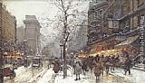 Eugene Galien-laloue Famous Paintings - A Busy Boulavard Under Snow at Porte St. Martin, Paris